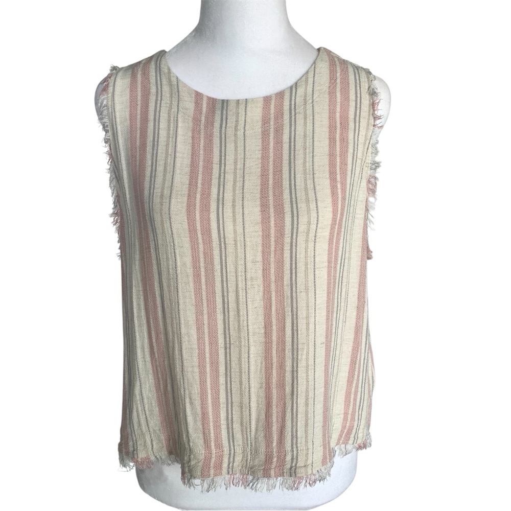 Anthropologie Cloth & Stone Womens Size L Linen Blend Top Cream Gray Pink Stripe
